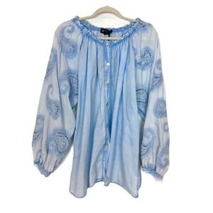 NWT Bella Amore Top Womens Large Light Blue Embroidered Paisley Button Down L
